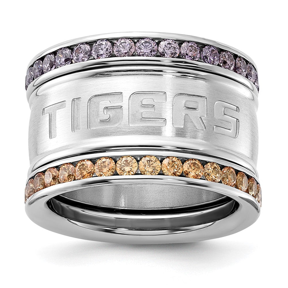 Stainless Steel Collegiate Louisiana State U Crystal Stacked Ring Set, Size 6