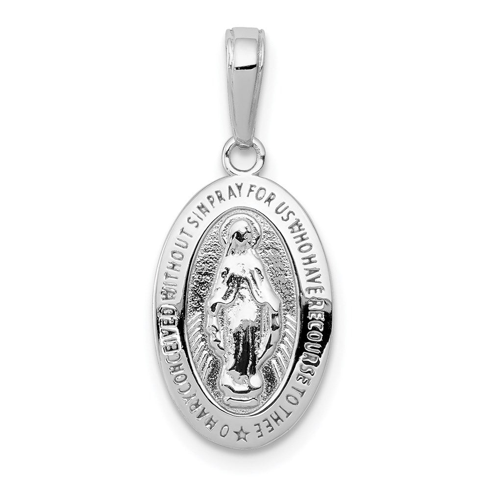 14k White Gold Polished and Satin Solid Miraculous Medal Oval Pendant, 25 x 11 mm