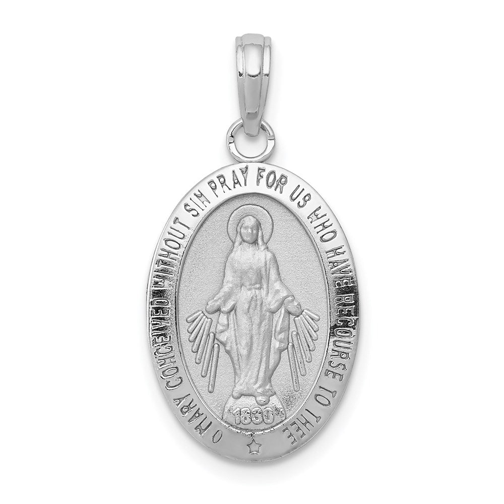 14k White Gold Polished and Satin Solid Miraculous Medal Oval Pendant, 26 x 13 mm