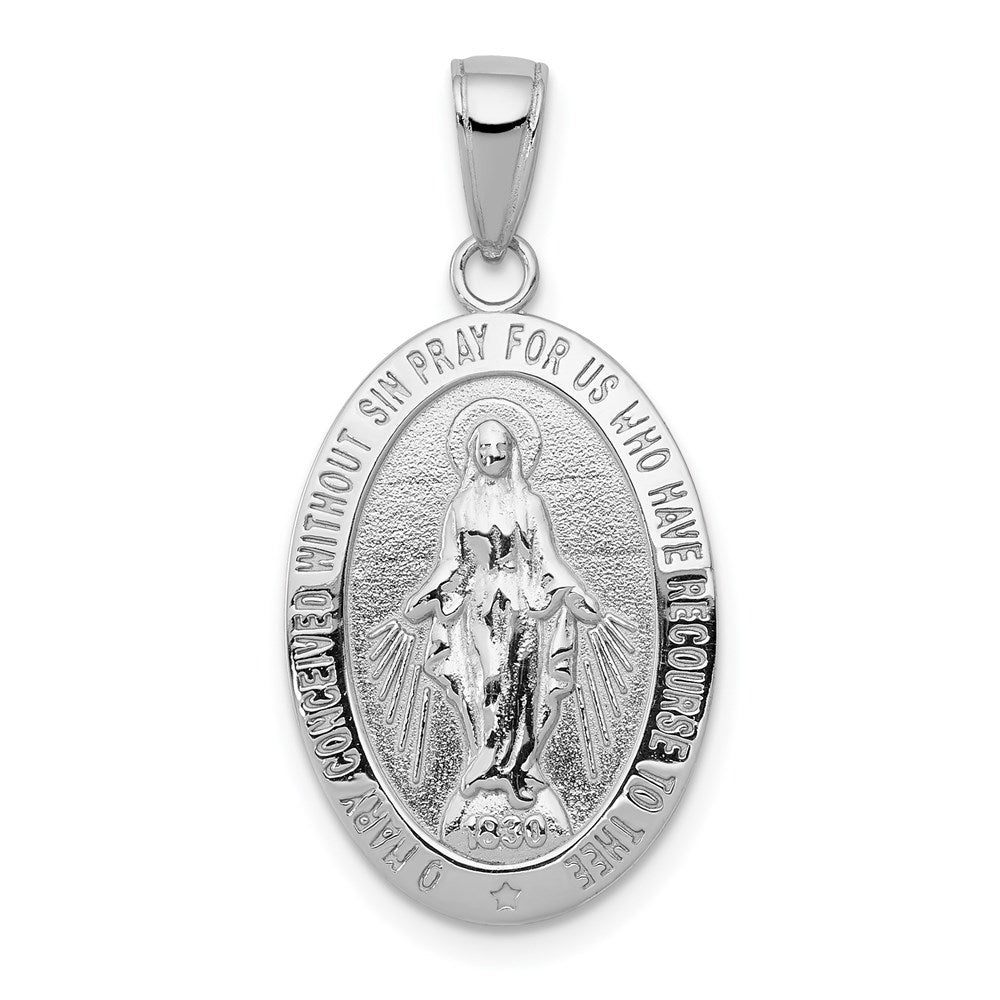 14k White Gold Polished and Satin Solid Miraculous Medal Oval Pendant, 29 x 14.5 mm