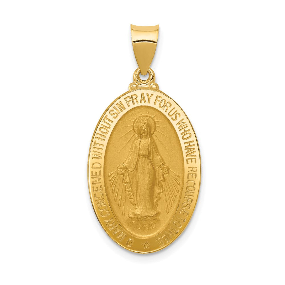 14k Polished and Satin Hollow Miraculous Medal Oval Pendant, 31.5 x 16 mm