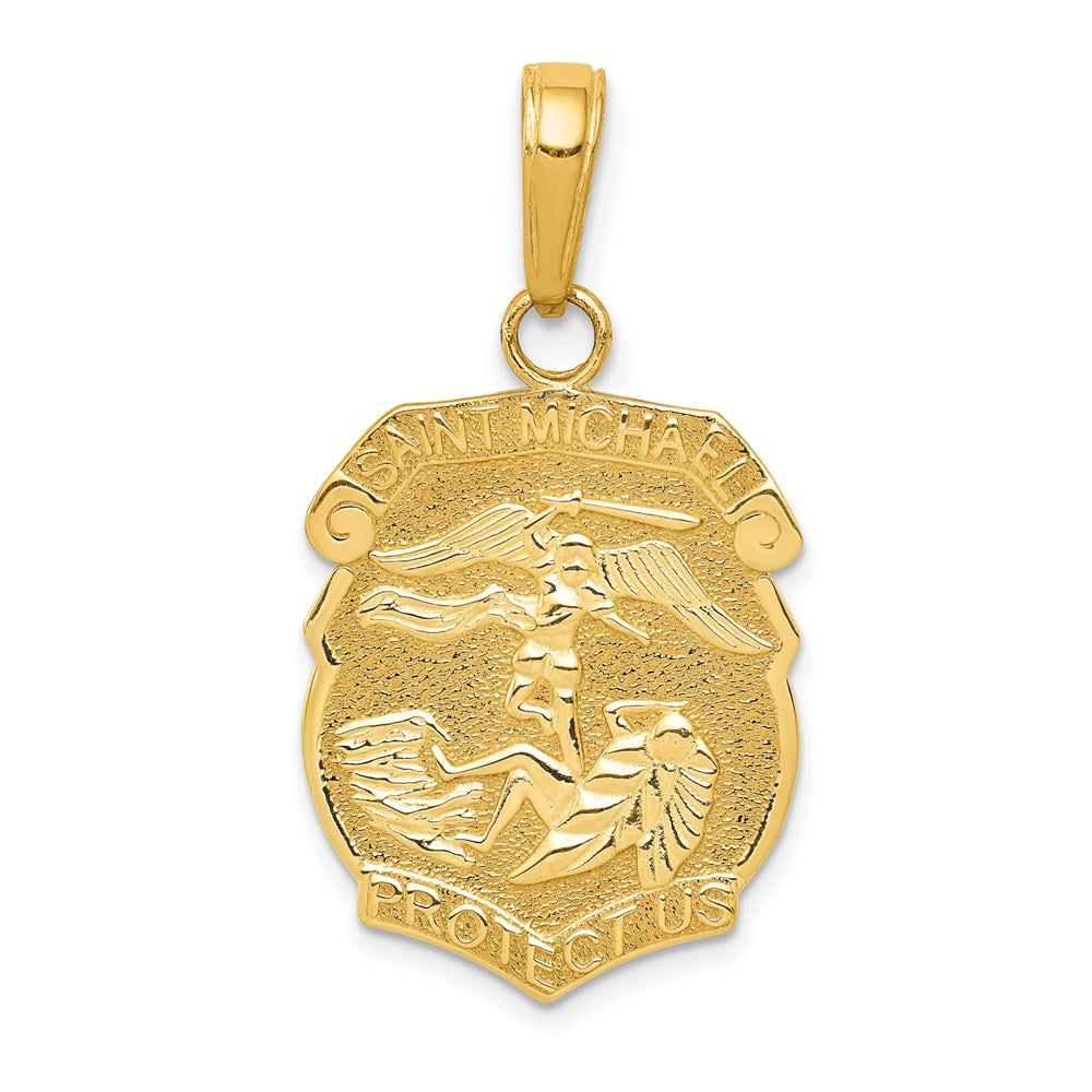 14k Polished Solid Small Saint Michael Medal Badge Pendant, 27 x 15 mm