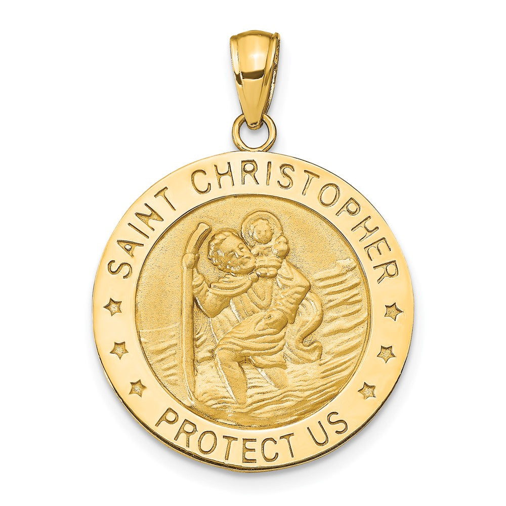 14k Polished and Satin Solid Saint Christopher Medal Round Pendant, 30 x 22 mm