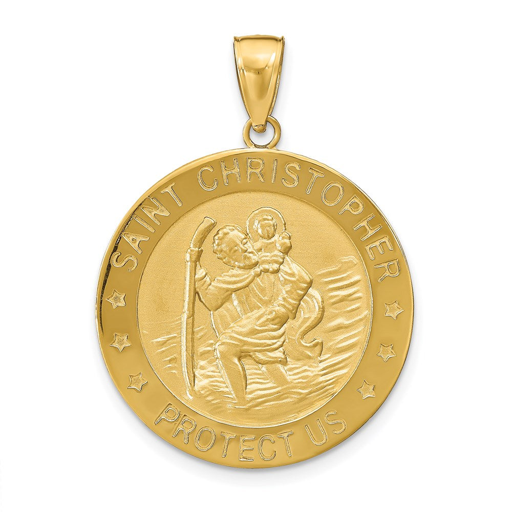 14k Polished and Satin Solid Saint Christopher Medal Round Pendant, 34 x 25 mm