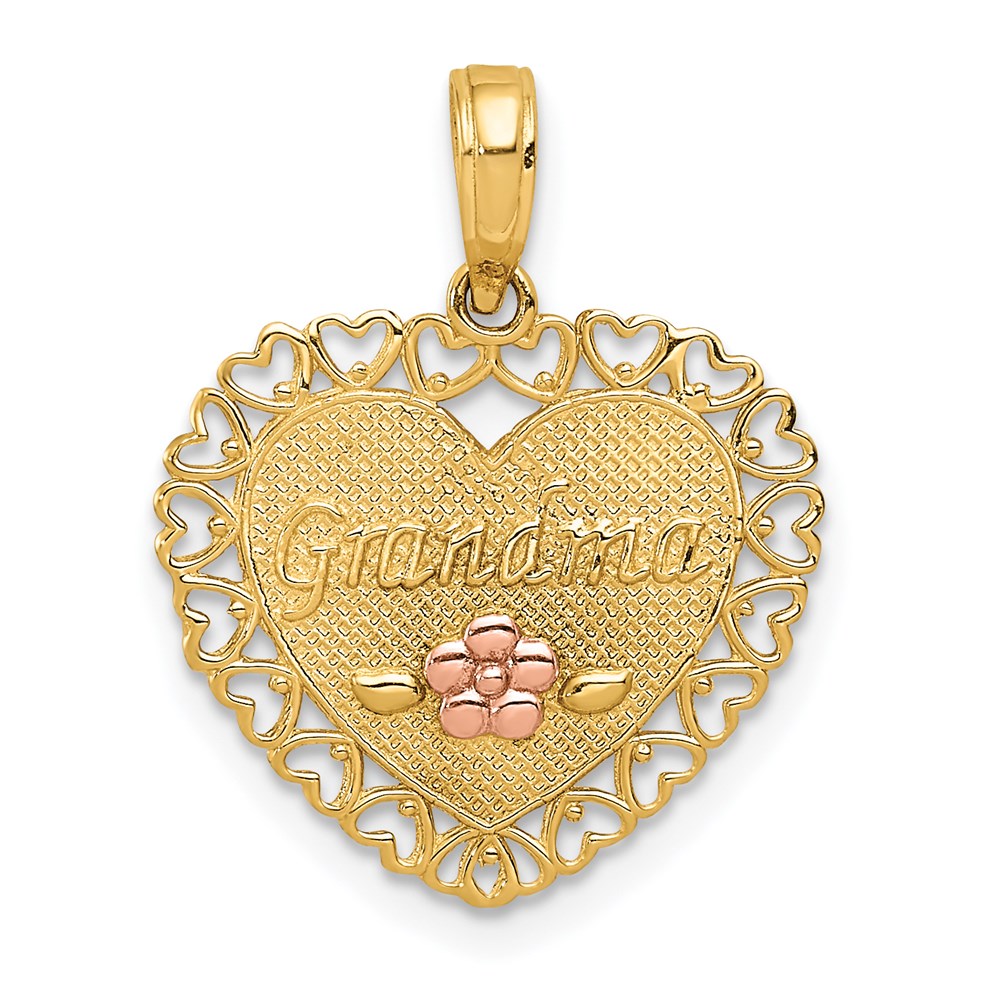 14k Two-Tone GRANDMA Heart with Flower Charm, 20 x 17 mm