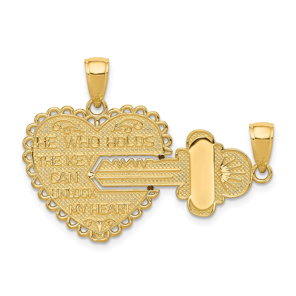 14K Polished 2-Piece Break-Apart HE WHO HOLDS THE KEY CAN UNLOCK MY HEART Charm, 22 x 39 mm