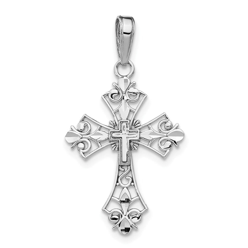 14k White Gold Filigree Cross Charm, 29 x 16 mm