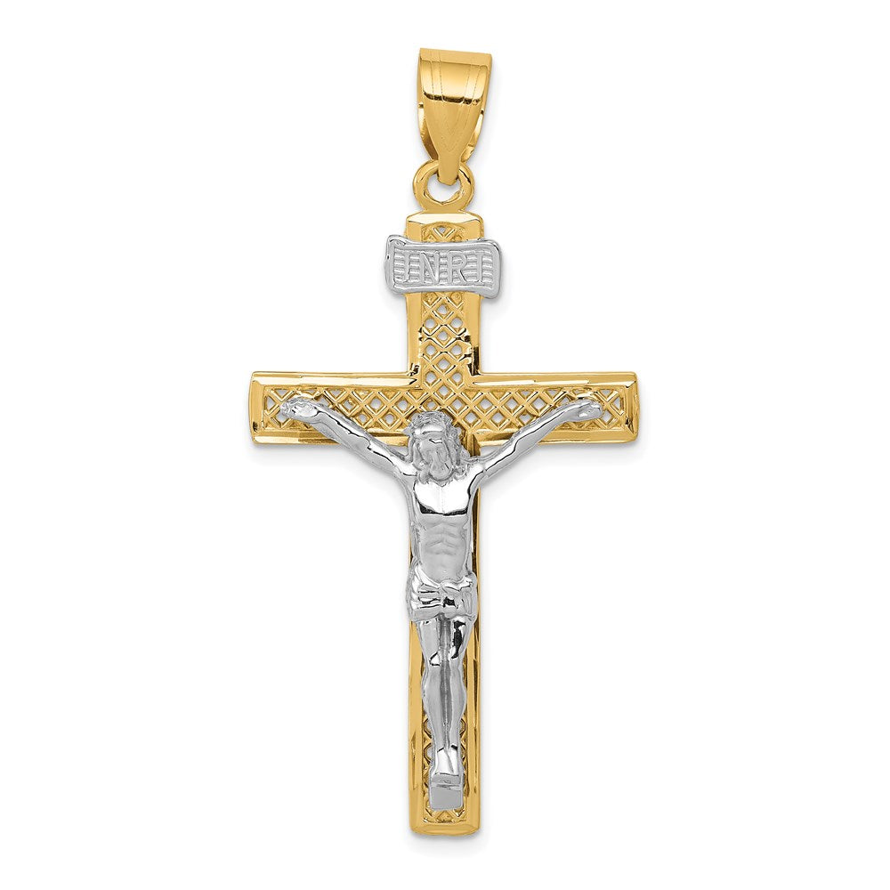 14K Two-tone Diamond-cut Lattice Cross with Crucifix Pendant, 47 x 24 mm