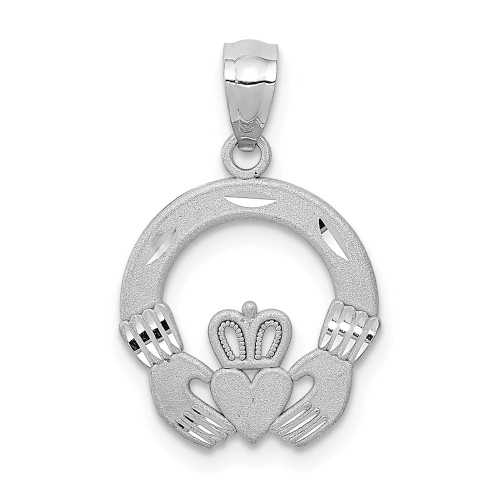 14k White Gold Solid Diamond-cut Claddagh Pendant, 22 x 14 mm