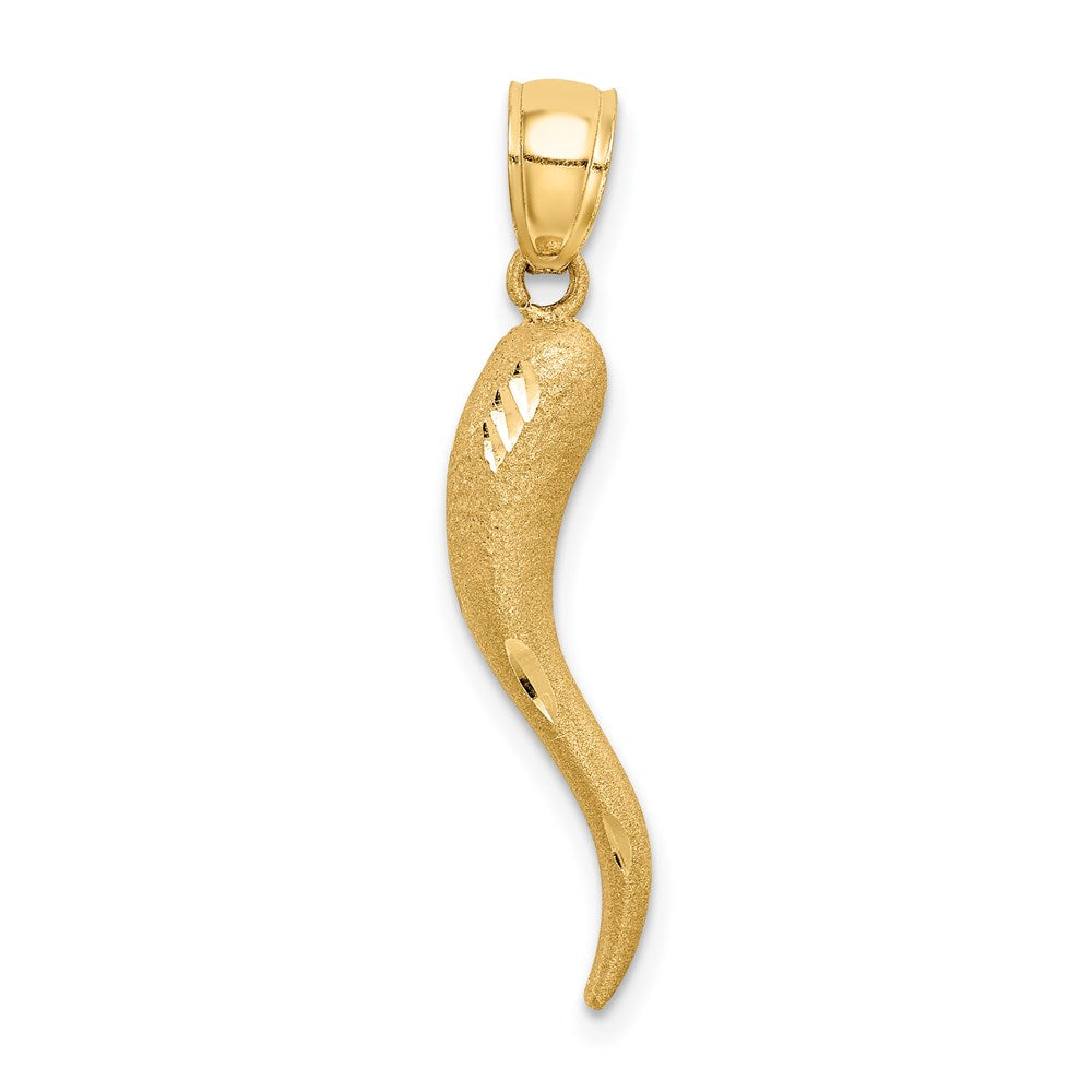 14k Solid Diamond-cut 3-D Italian Horn Charm, 30 x 5 mm