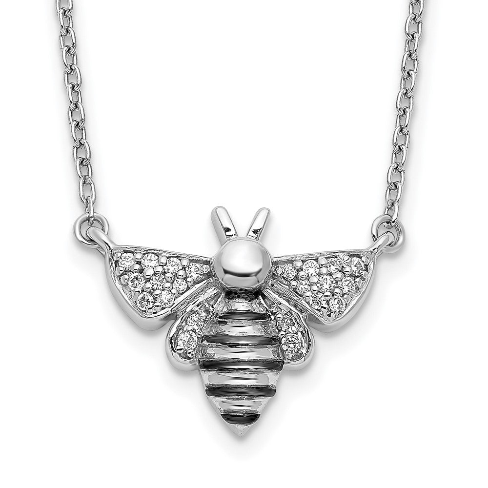 14k White Gold with Black Rhodium 1/10 carat Diamond Bee 18 inch Necklace, 0.098 ct, 18 x 14 mm