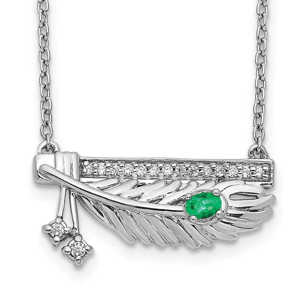 14k White Gold Diamond Bar with Emerald Feather 18 inch Necklace, 0.156 ct, 18 x 20 mm