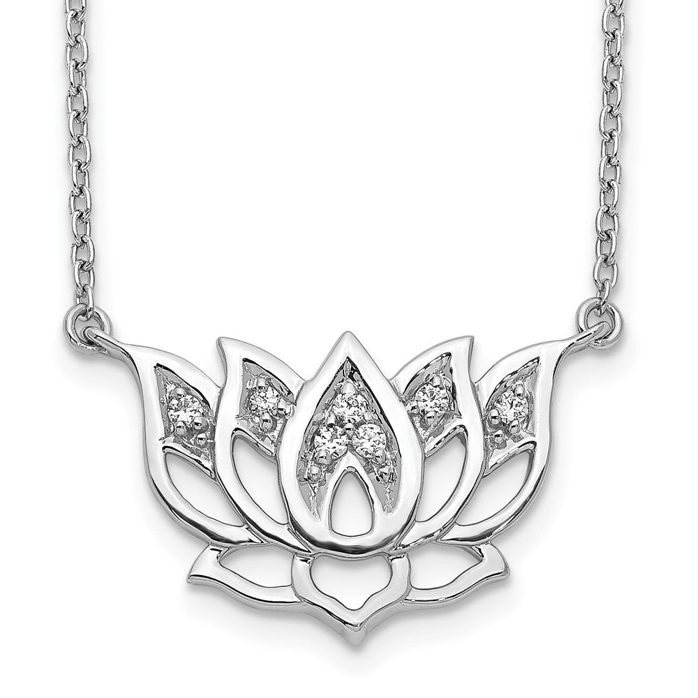 14k White Gold 1/15 carat Diamond Lotus Flower 18 inch Necklace, 0.082 ct, 18 x 18 mm