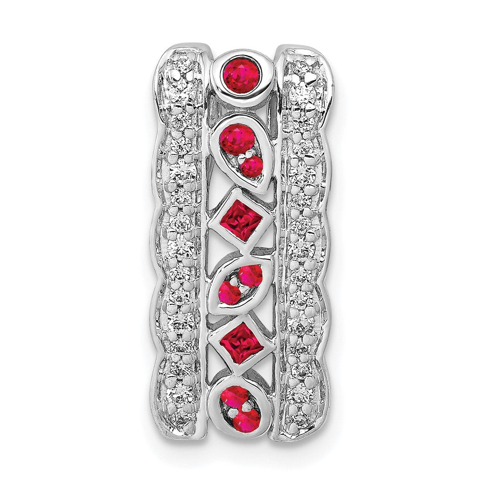 14k White Gold Diamond and .17 Ruby Fancy Vintage Chain Slide, 0.369 ct
