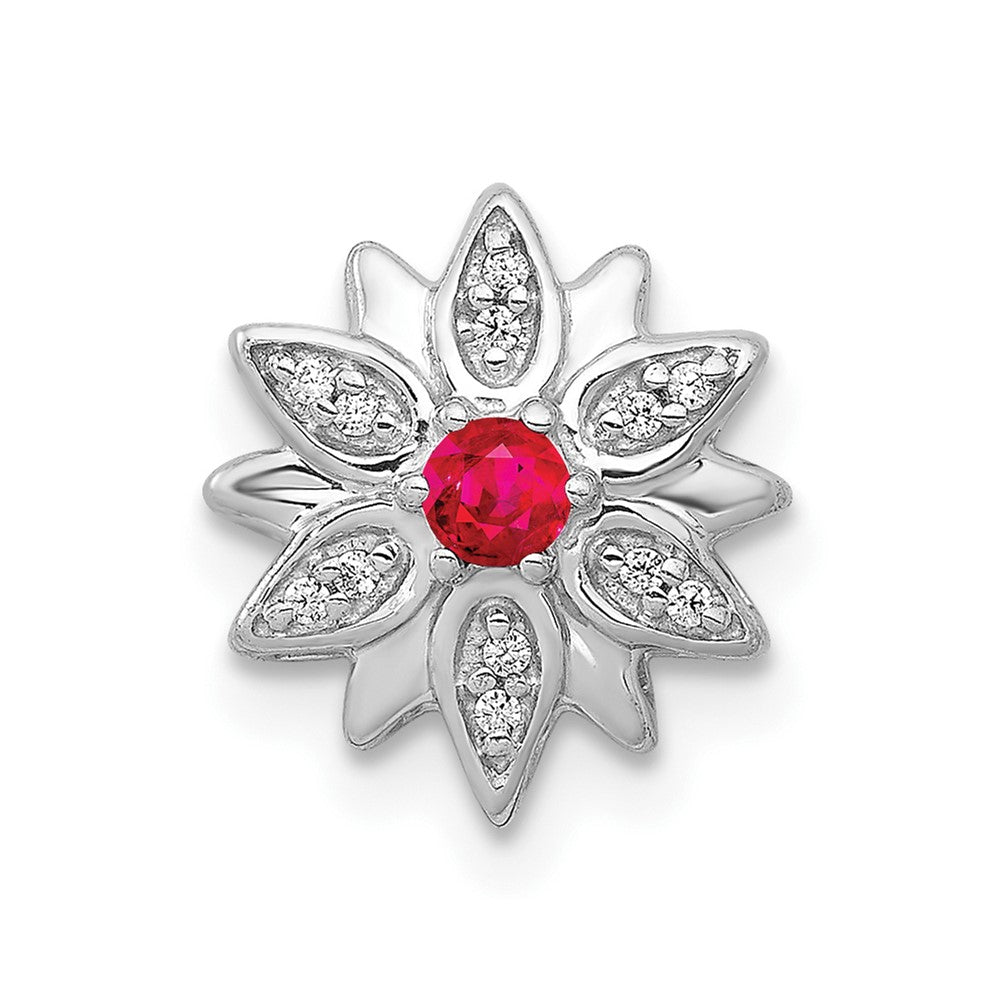 14k White Gold 1/20 carat Diamond and Ruby Flower Chain Slide, 0.116 ct