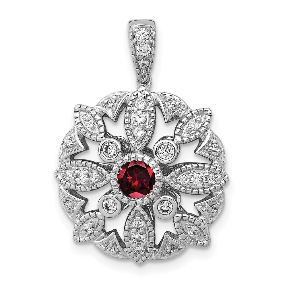 14k White Gold Diamond and 4mm Round Garnet Fancy Vintage Pendant, 0.504 ct, 24.5 x 17.3 mm