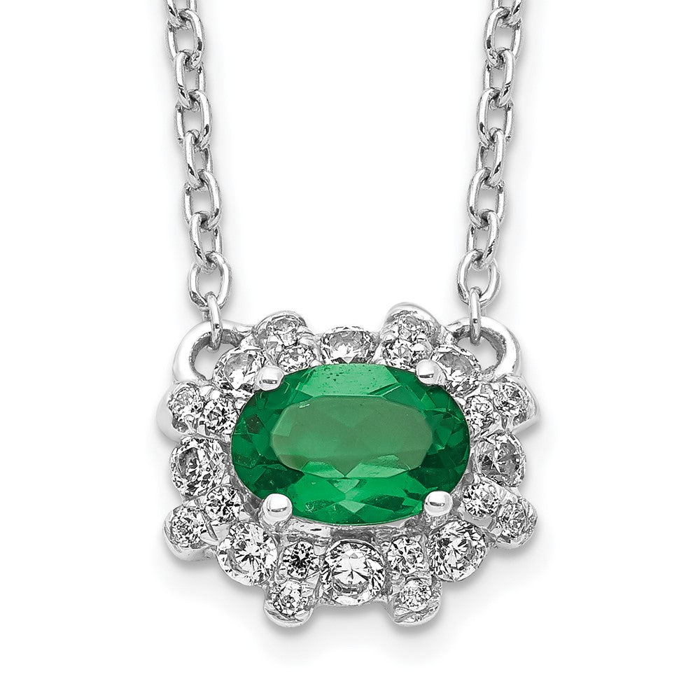 14k White Gold Diamond and Oval Emerald Fancy East-West 18 inch Necklace, 0.624 ct, 18 x 11 mm