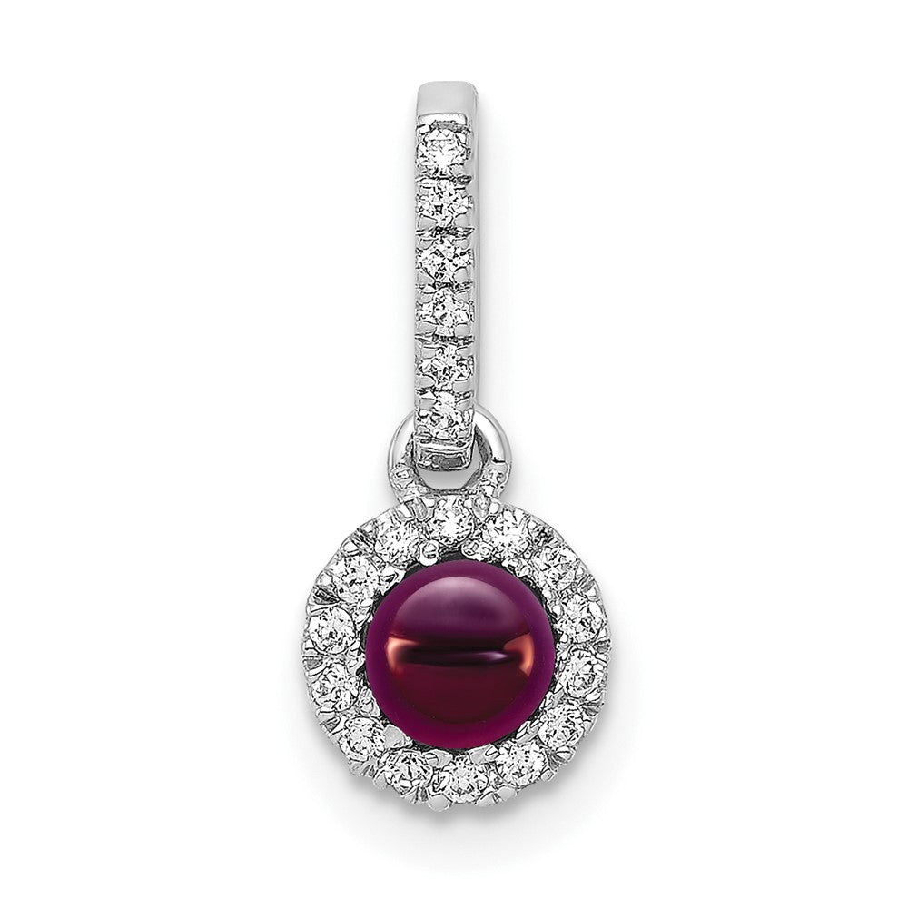 14k White Gold Diamond and 3.7mm Round Cabochon Rhodolite Garnet Halo Pendant, 0.564 ct, 15.7 x 6.5 mm