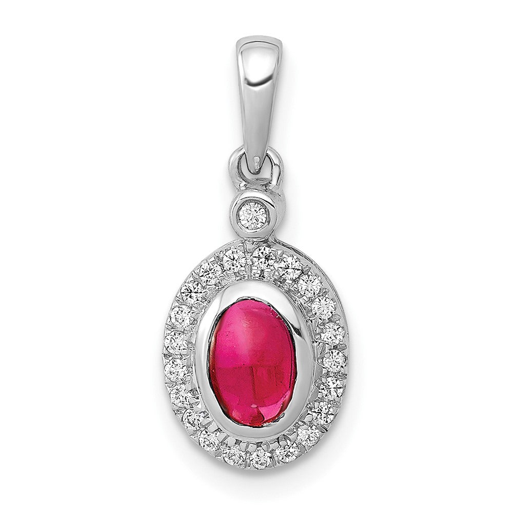14k White Gold Diamond and Cabochon Ruby Halo Pendant, 0.888 ct