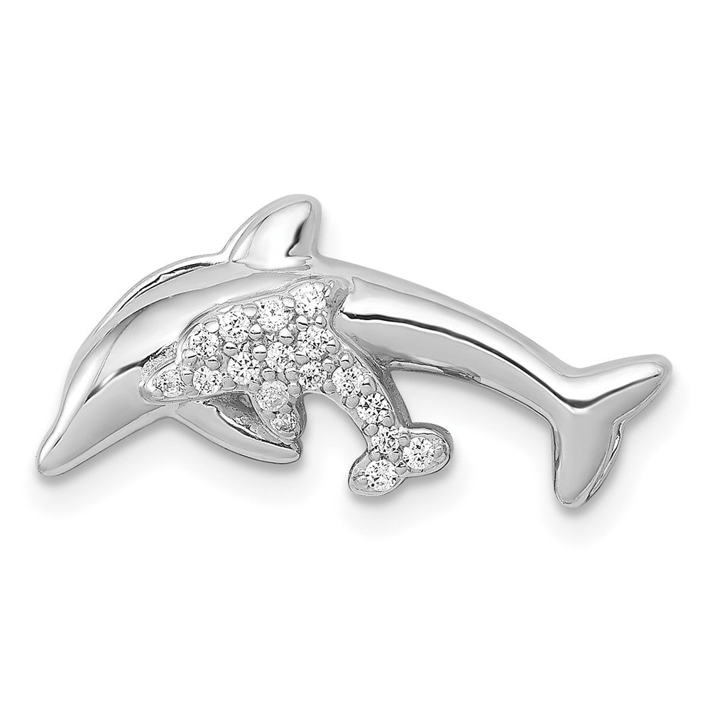 14k White Gold Diamond Mother and Baby Dolphins Chain Slide, 0.076 ct, 10 x 20.5 mm