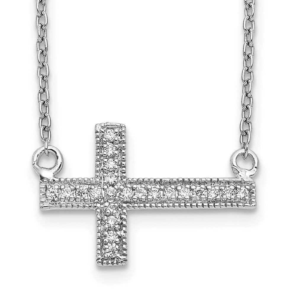 14k White Gold 1/10 carat Diamond Sideways Cross 18 inch Necklace, 0.11 ct, 18 x 17 mm