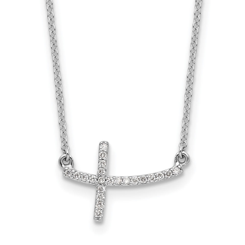 14k White Gold 1/10 carat Diamond Curved Sideways Cross 18 inch Necklace, 0.106 ct, 18 x 16 mm