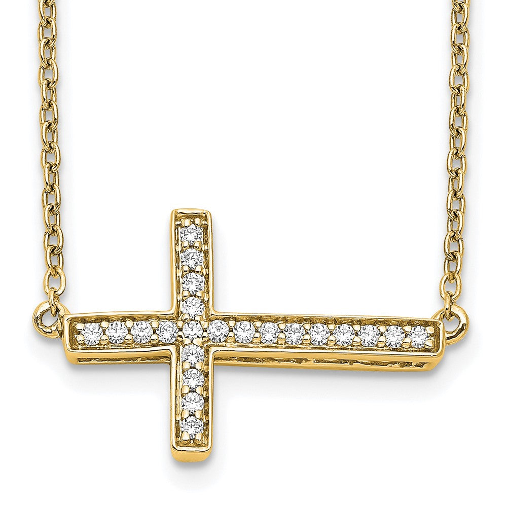 14k Polished 1/6 carat Diamond Sideways Cross 18 inch Necklace, 0.132 ct, 18 x 18 mm