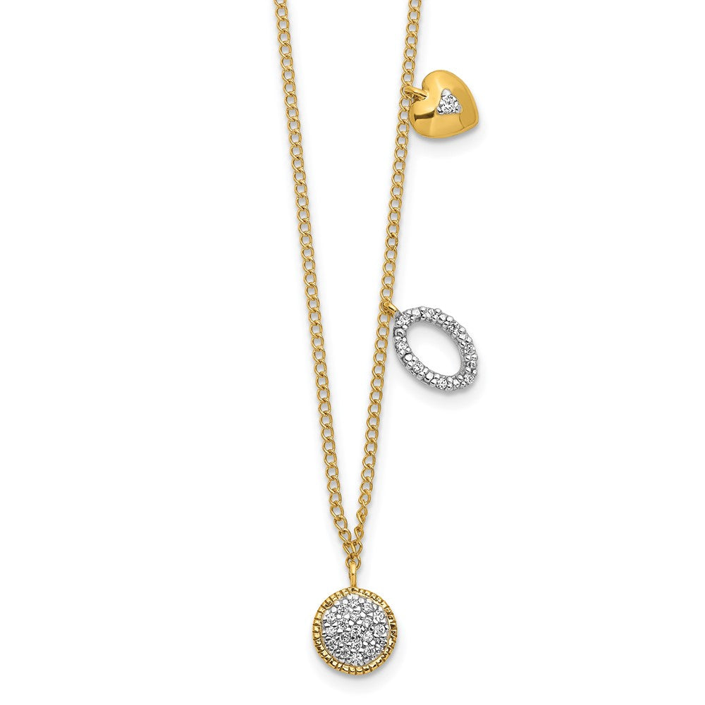14k Polished 1/10 carat Diamond Two Circle and Heart 18 inch Necklace, 0.093 ct, 18 x 6 mm