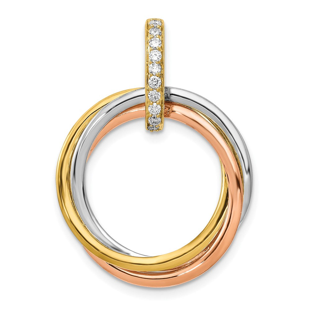 14k Tri-color 1/10 carat Diamond Three Intertwined Circles Pendant, 0.1 ct
