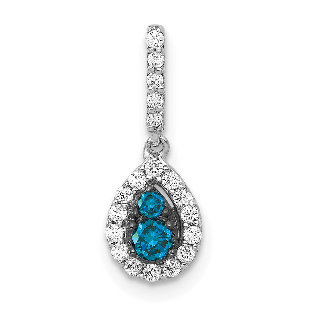 14k White Gold 1/4 carat Blue and White Diamond Teardrop Halo Pendant, 0.26 ct, 16.55 x 6 mm