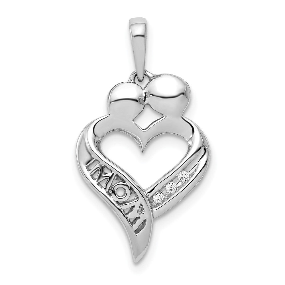 14k White Gold Diamond MOM Heart Pendant, 0.018 ct, 25 x 13 mm