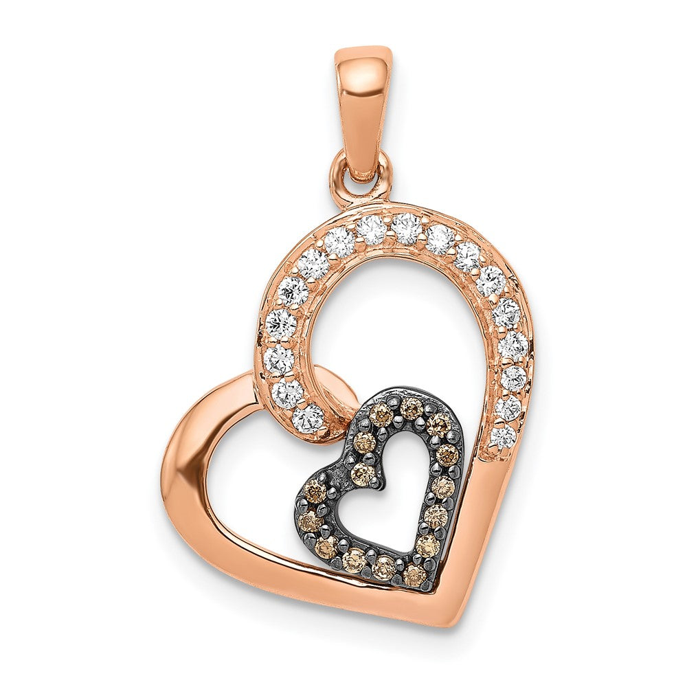 14k Rose Gold and Black Rhodium Champagne and White Diamond Hearts Pendant, 0.202 ct, 23.5 x 14 mm