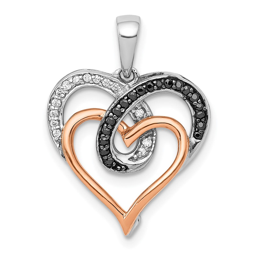 14k White and Rose Gold with Black Rhodium White and Black Diamond Hearts Pendant, 0.11 ct, 21 x 16 mm