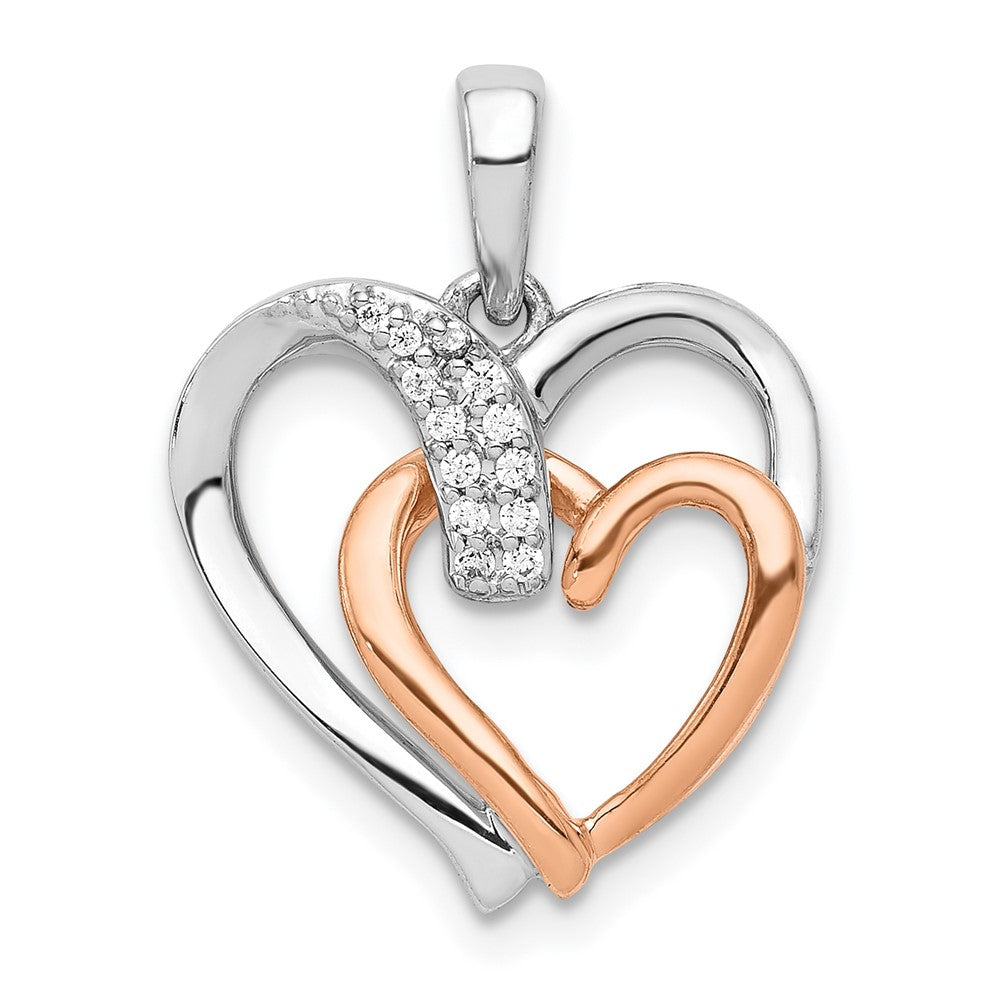 14k White and Rose Gold 1/20 carat Diamond Double Heart Pendant, 0.05 ct, 20 x 15 mm