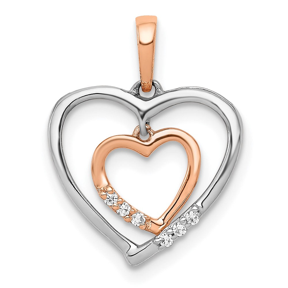 14kt White and Rose Gold Dangling Heart in Diamond Heart Pendant, 0.03 ct, 16.5 x 13 mm