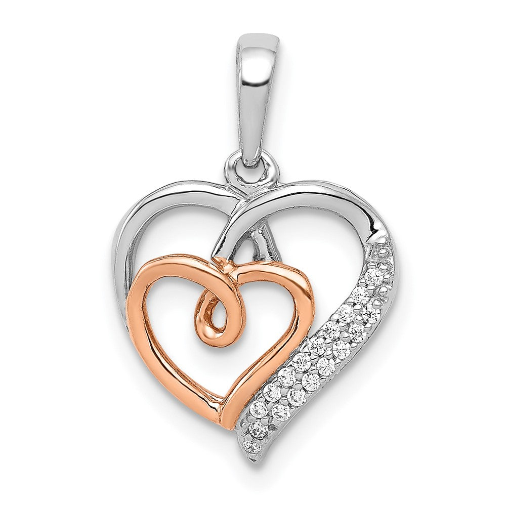14k White and Rose Gold 1/20 carat Diamond Double Hearts Pendant, 0.054 ct, 19 x 12.5 mm