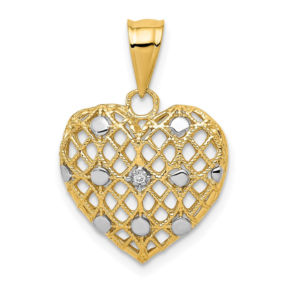 14k and White Rhodium 1/2 point Diamond Filigree Heart Pendant, 0.005 ct, 22 x 15 mm