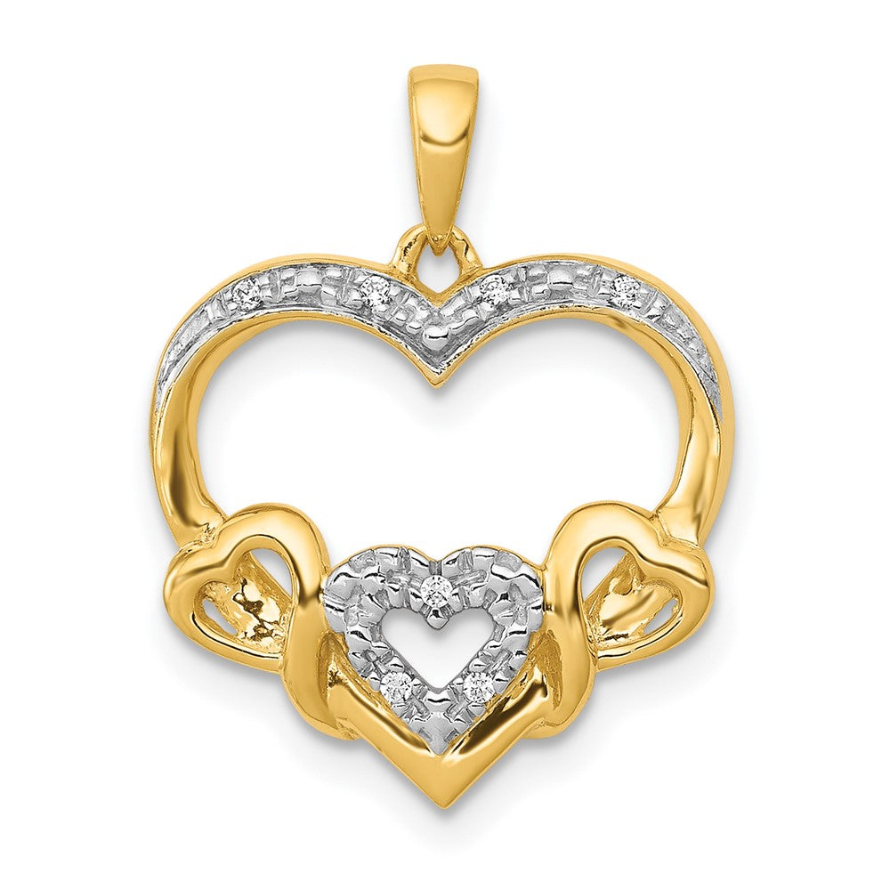 14k and White Rhodium .03 carat Diamond Heart with 3 Smaller Hearts Pendant, 0.028 ct, 21 x 16 mm