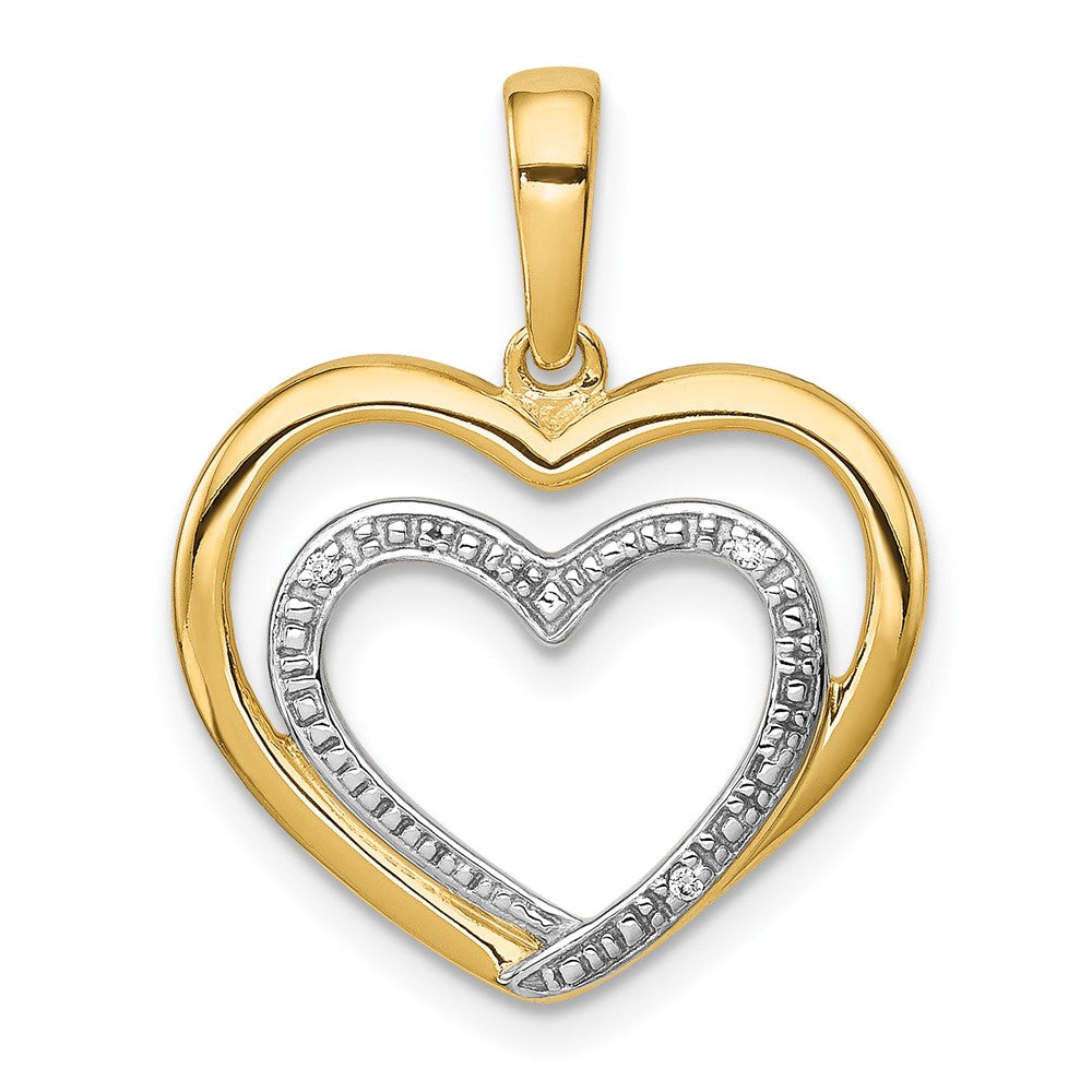 14k and White Rhodium .01 carat Diamond Double Heart Pendant, 0.009 ct, 22 x 16 mm