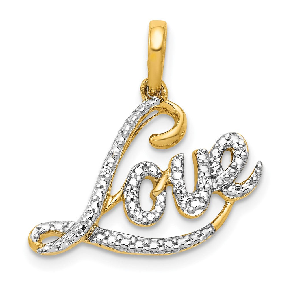 14k and White Rhodium Diamond LOVE Script Pendant, 0.015 ct, 20 x 20 mm