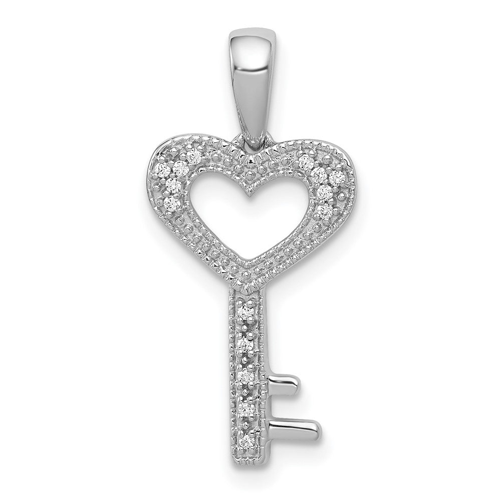 14k White Gold 1/20 carat Diamond Heart Key Pendant, 0.06 ct, 22 x 11 mm