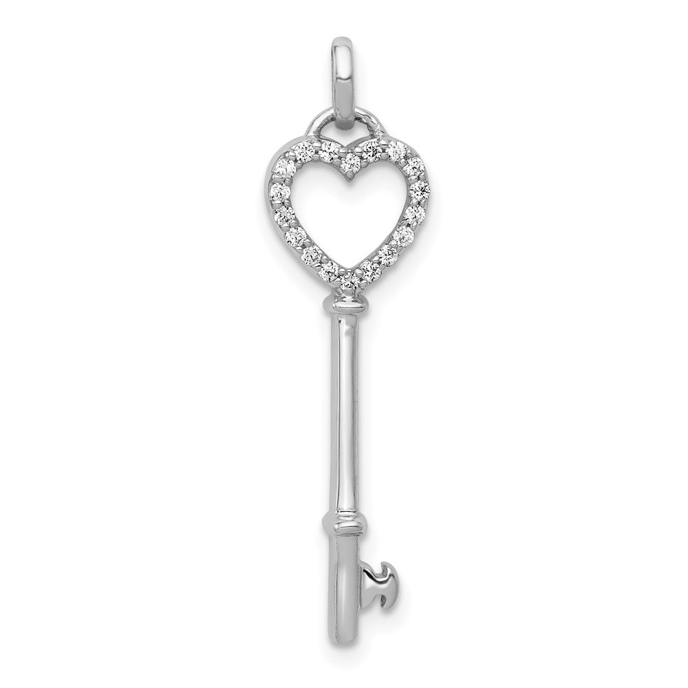 14k White Gold Polished 1/10 carat Diamond Heart Key Pendant, 0.108 ct, 31 x 7 mm