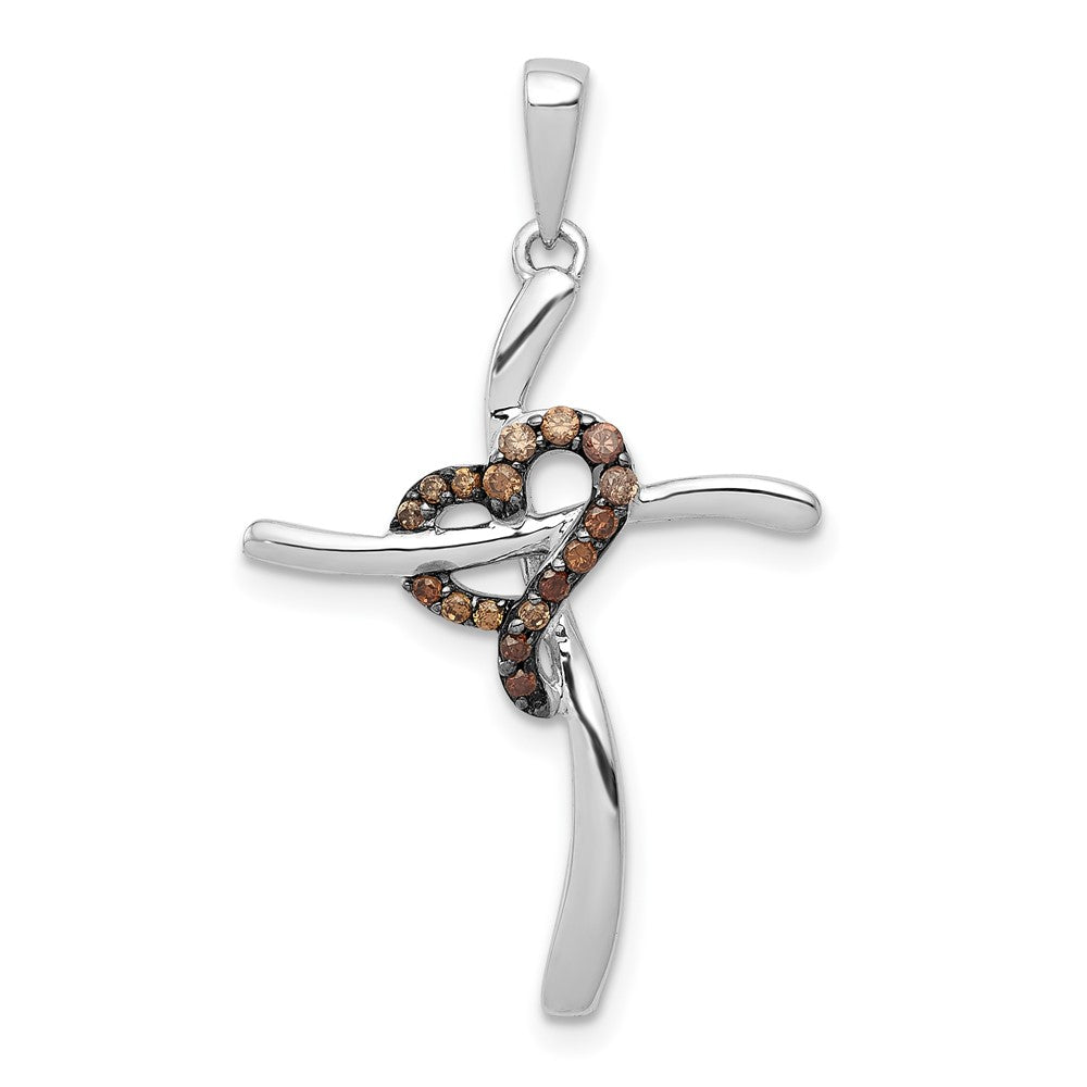 14k White Gold 1/10 carat Champagne Diamond Heart Cross Pendant, 0.101 ct, 32 x 19.5 mm