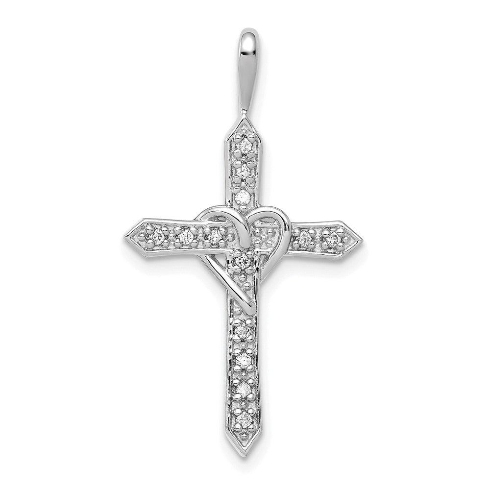 14k White Gold 1/10 carat AA Diamond Heart Cross Pendant, 0.091 ct, 30 x 16.5 mm