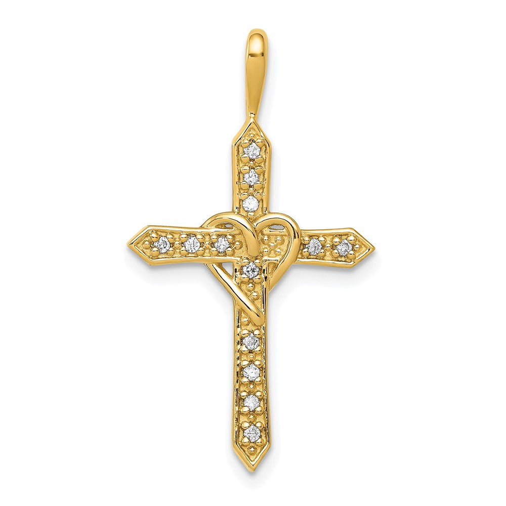 14k 1/10 carat AA Diamond Heart Cross Pendant, 0.091 ct, 30 x 16.5 mm