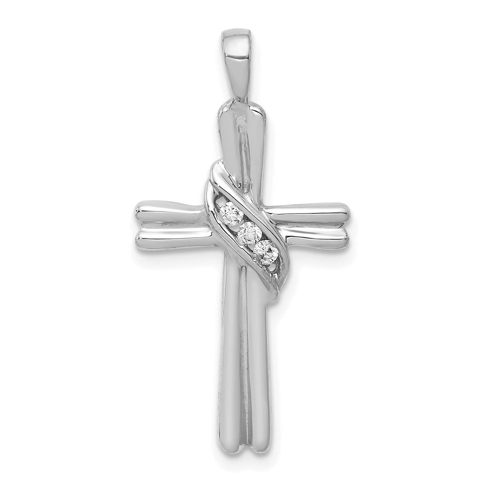 14k White Gold 3-Stone 1/20 carat AA Diamond Cross Pendant, 0.051 ct, 29 x 14.5 mm