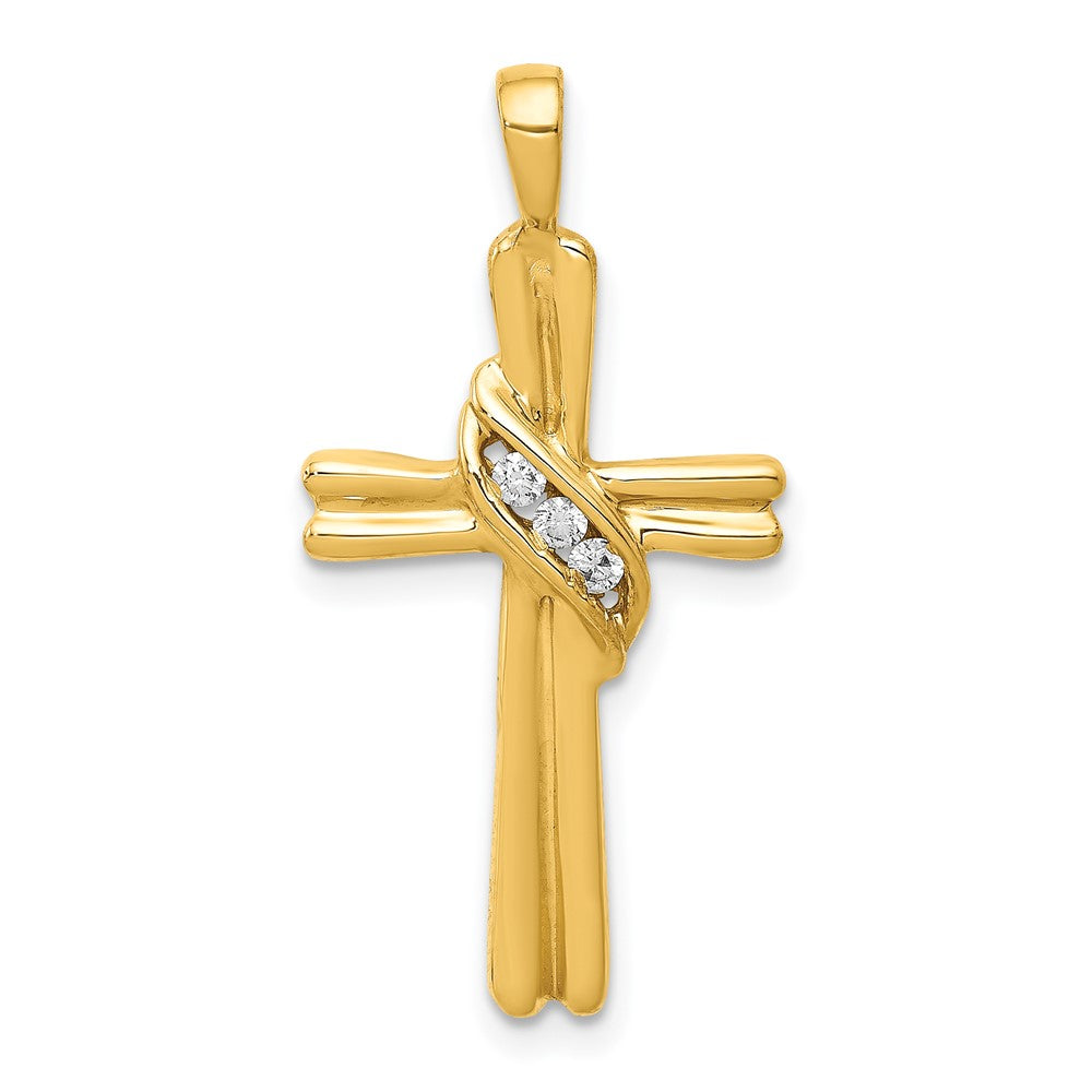 14k 3-Stone 1/20 carat AA Diamond Cross Pendant, 0.051 ct, 29 x 14.5 mm