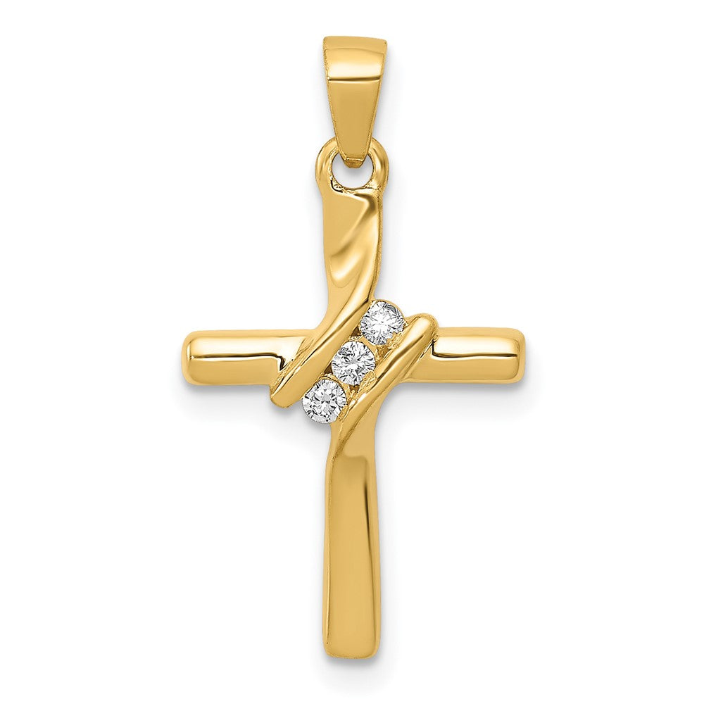14k 3-Stone 1/20 carat AA Diamond Cross Pendant, 0.051 ct, 24 x 12.5 mm