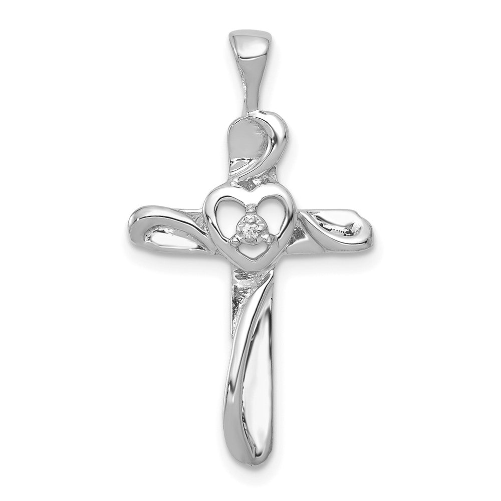 14k White Gold AA Diamond Cross with Heart Pendant, 0.004 ct, 28 x 15.5 mm