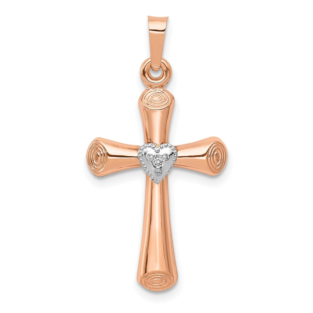 14k Two-Tone Diamond Polished Hollow Latin Heart Cross Pendant, 0.01 ct, 30.5 x 15.5 mm